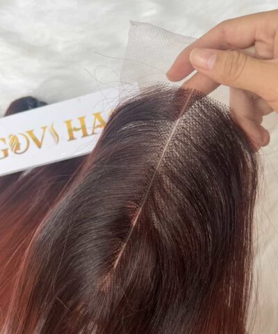 HD Lace Closure 2x6 Bone Straight 12 Inch Ombre Burgundy Brown Roots Color Virgin Hair 5 Closure 2x6 Ombre Brown Red Closure ( middle part)