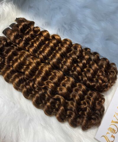 Deep Curly Machine Weft Hair Extensions Brown Color