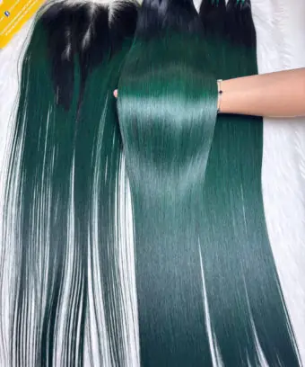 Bone Straight Machine Weft Hair Extensions 24 Inch Ombre Green Color