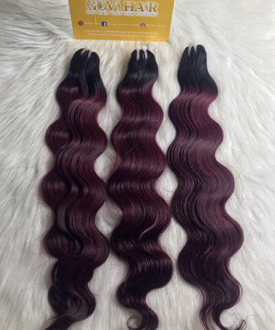 Wavy Machine Weft Hair Extensions 24 Inch Ombre Burgundy Color