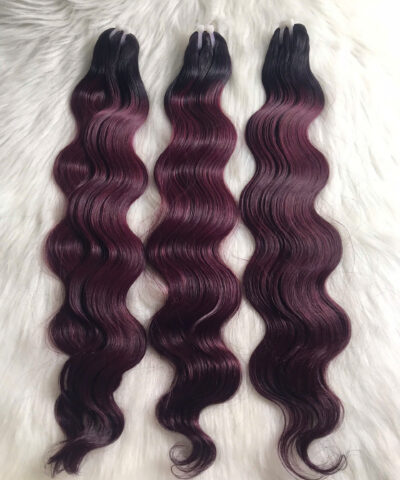 Wavy Machine Weft Hair Extensions 24 Inch Ombre Burgundy Color 5 Weft Hair Extensions Ombre Red Brown Color