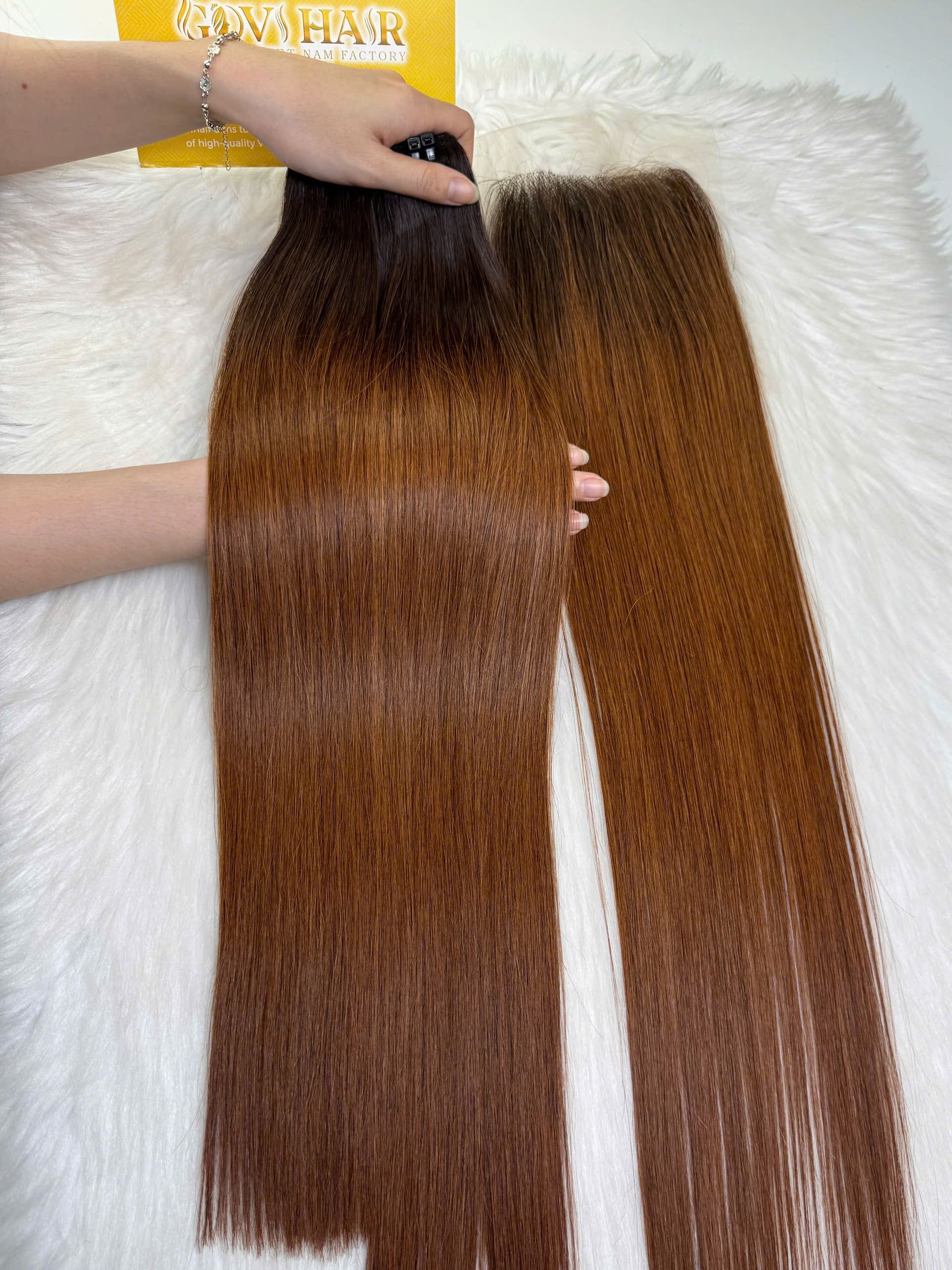 Bone Straight Machine Weft Hair Extensions 24 Inch Ombre Brown Dark Roots Color 4 Ombre Dark Brown Bone Straight Machine Weft Hair Extensions