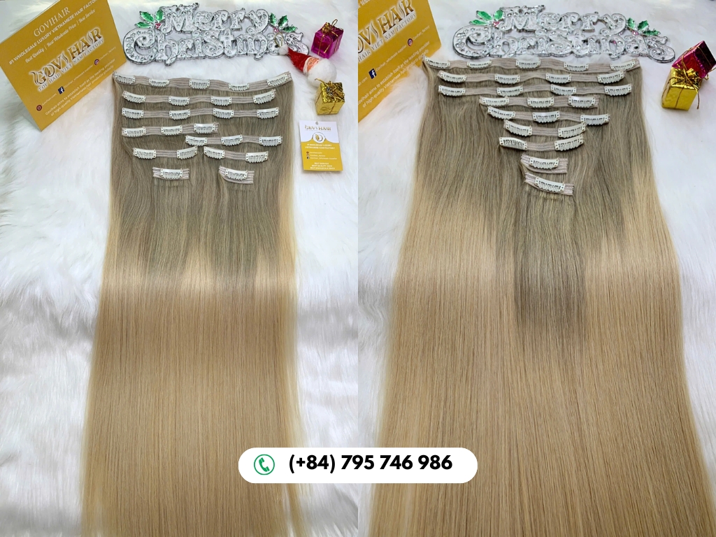 Straight Clip In Hair Extensions Ombre Blonde Color 10 Brightness with GOVIHAIR Straight Clip In Hair Extensions in Ombre Blonde Color