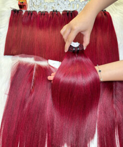 Weft Hair Extensions Bone Straight Red Wine Color Vietnam Hair