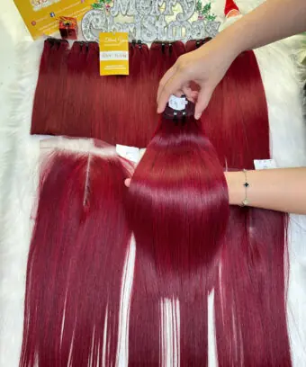 Home 64 Weft Hair Extensions Bone Straight Red Wine Color Vietnamese Hair