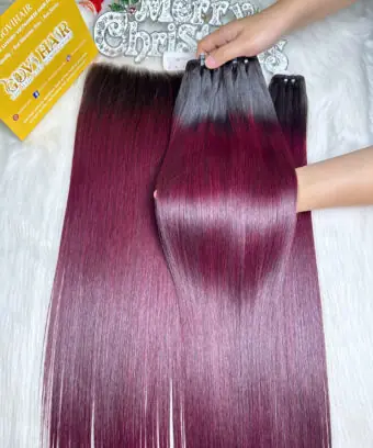 Home 62 Weft Hair Extensions Bone Straight Ombre Burgundy Color Raw Vietnamese Hair