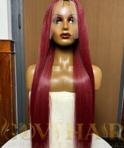 Human Hair Frontal wig 13x4 HD Lace Bone straight burgundy color