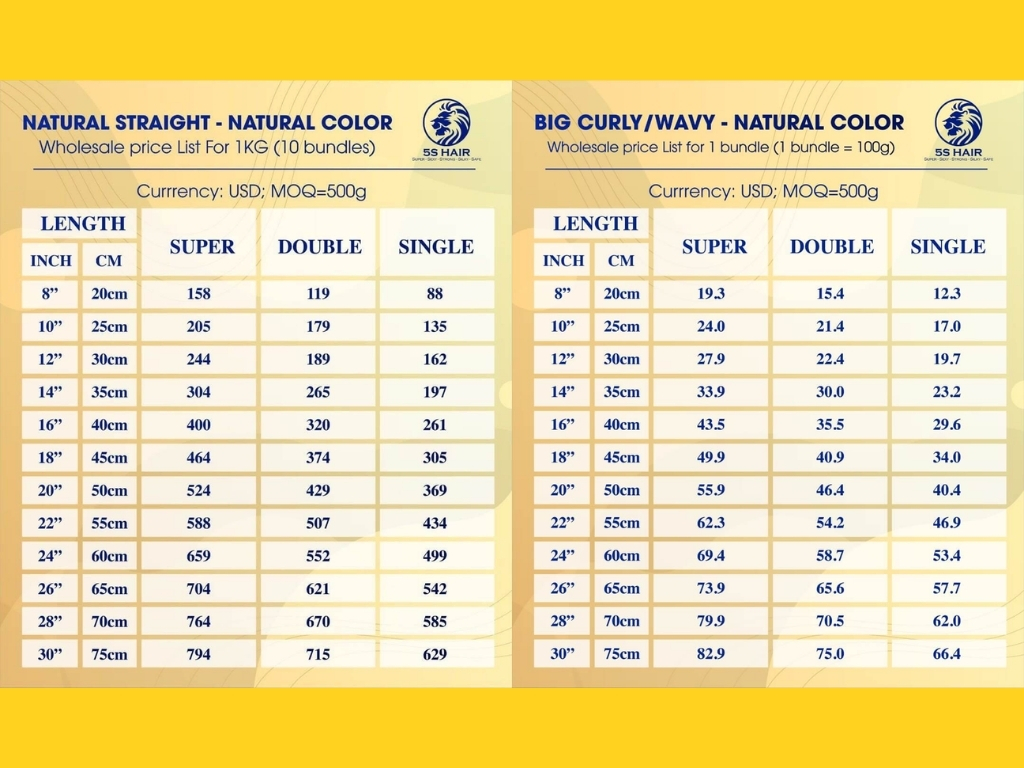 5S Hair pricing varies depending on hair length, texture