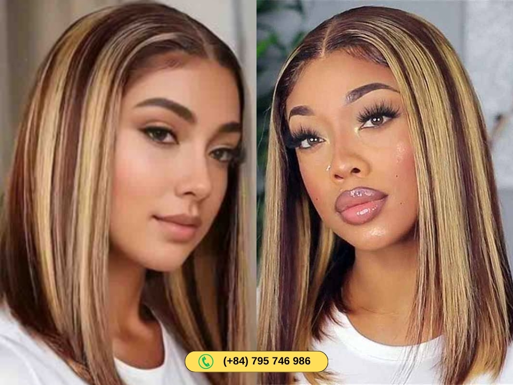 Human Hair Bob Wigs With Highlights Straight 14 Inch Lace Frontals