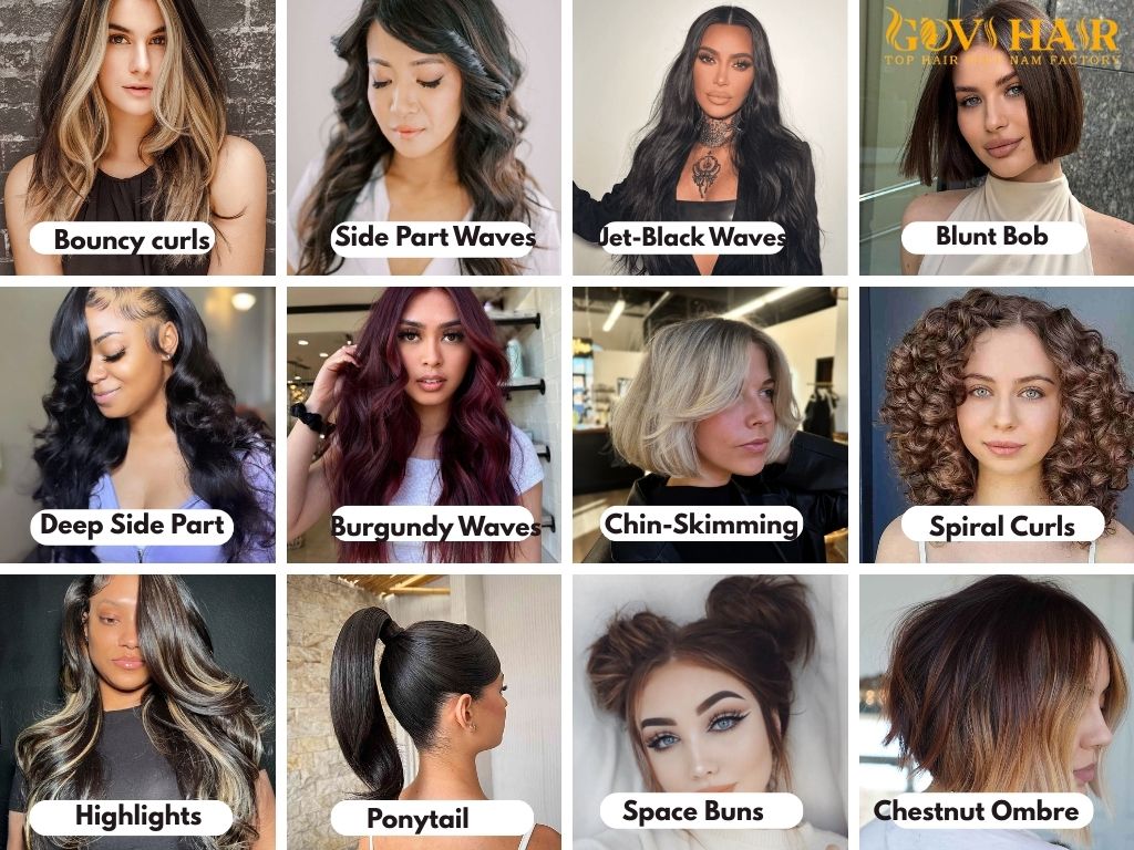 A collection of quick weave styles featuring curls, waves, bobs, ponytails, half-up styles in various parts and colors