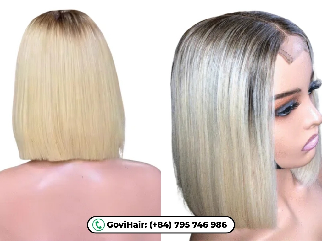 Lace front bone straight human hair bob wigs blonde color offering an invisible hairline