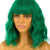 Women's Curly Wavy Green Bob Wig with Bangs 100% Human Hair