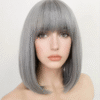 Human Hair Grey Bob Wigs with Flat Bangs