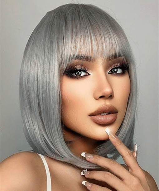 Human Hair Grey Bob Wigs with Flat Bangs