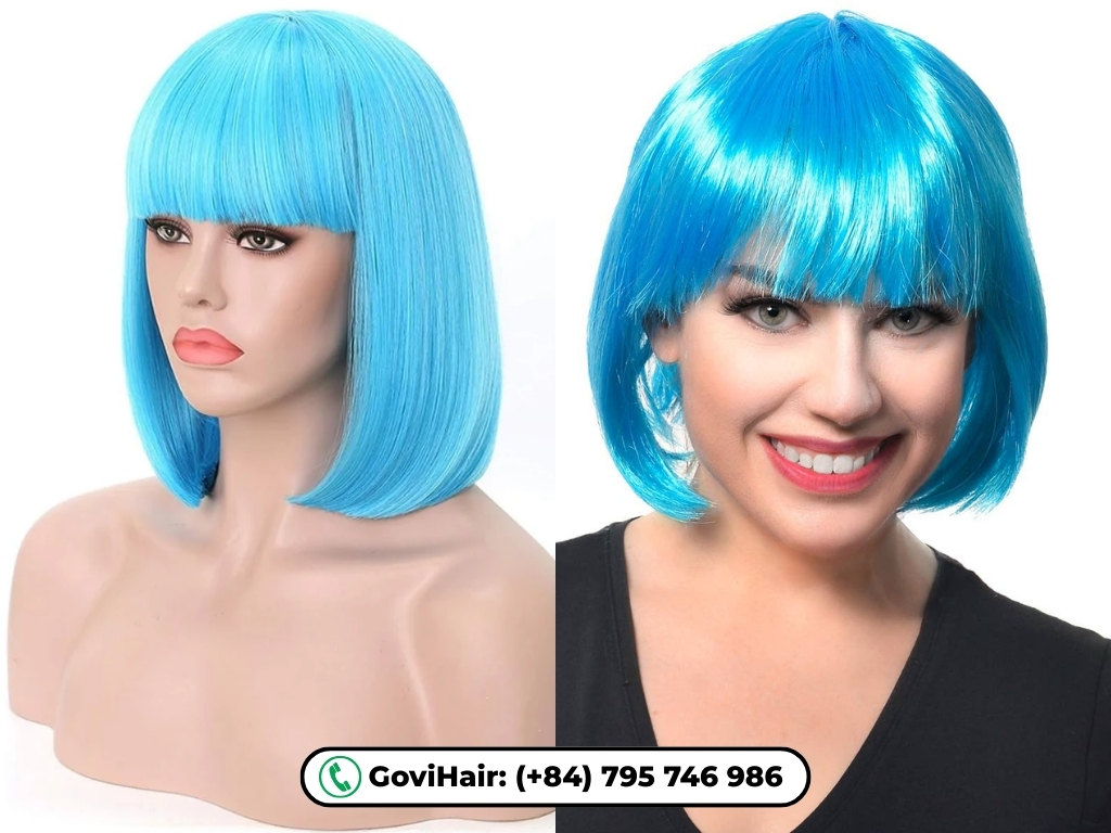 Human hair bob wigs with bangs blue color from GoviHair are crafted from 100% real human hair