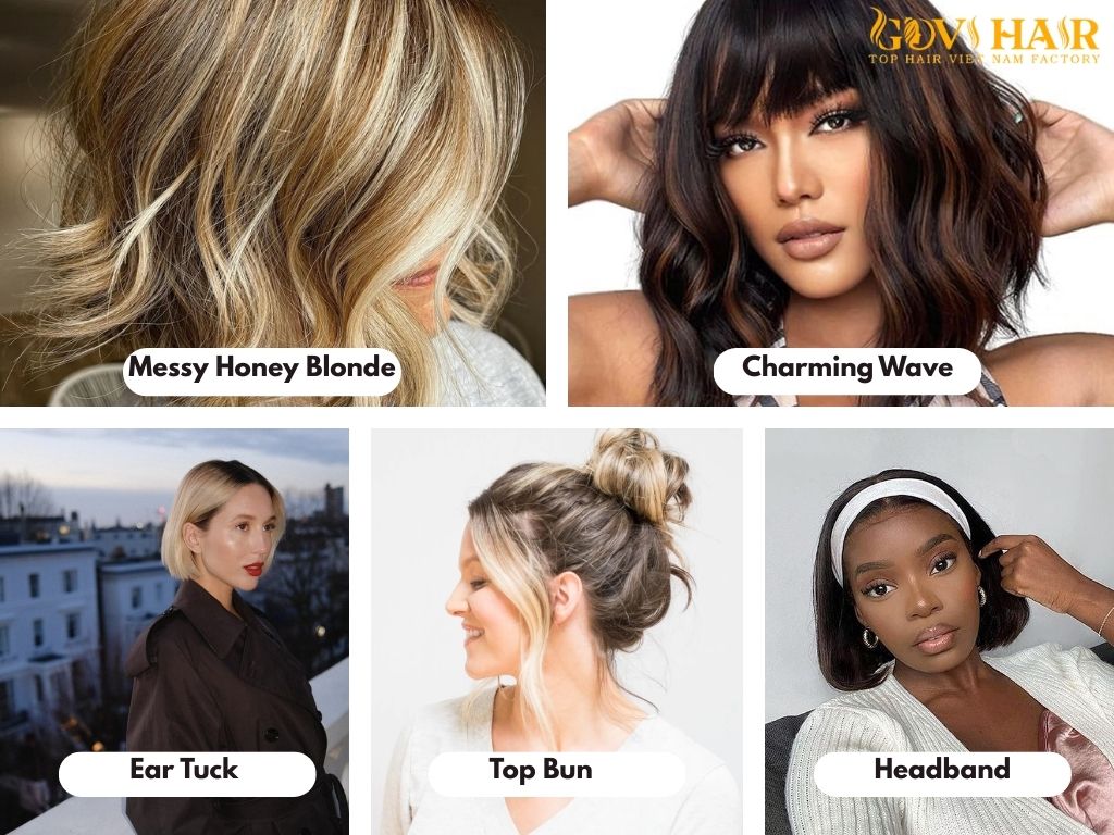Messy Honey Blonde, Charming Wave, Ear Tuck, Top Bun ,Headband Quick Weave Bob