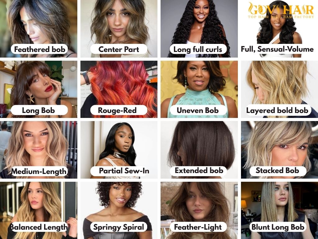 Quick Weave styles including bobs, long bobs, layered cuts, curls, full-volume styles, partial sew-ins, and highlighted or ombre looks