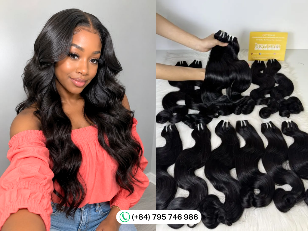 Salon stylist installing Vietnamese body wave hair