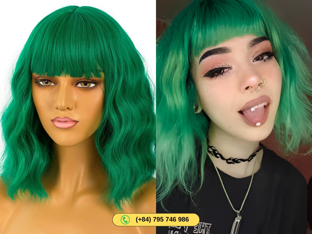 Women’s Wavy Wavy Green Bob Wig with Bangs 100% Human Hair