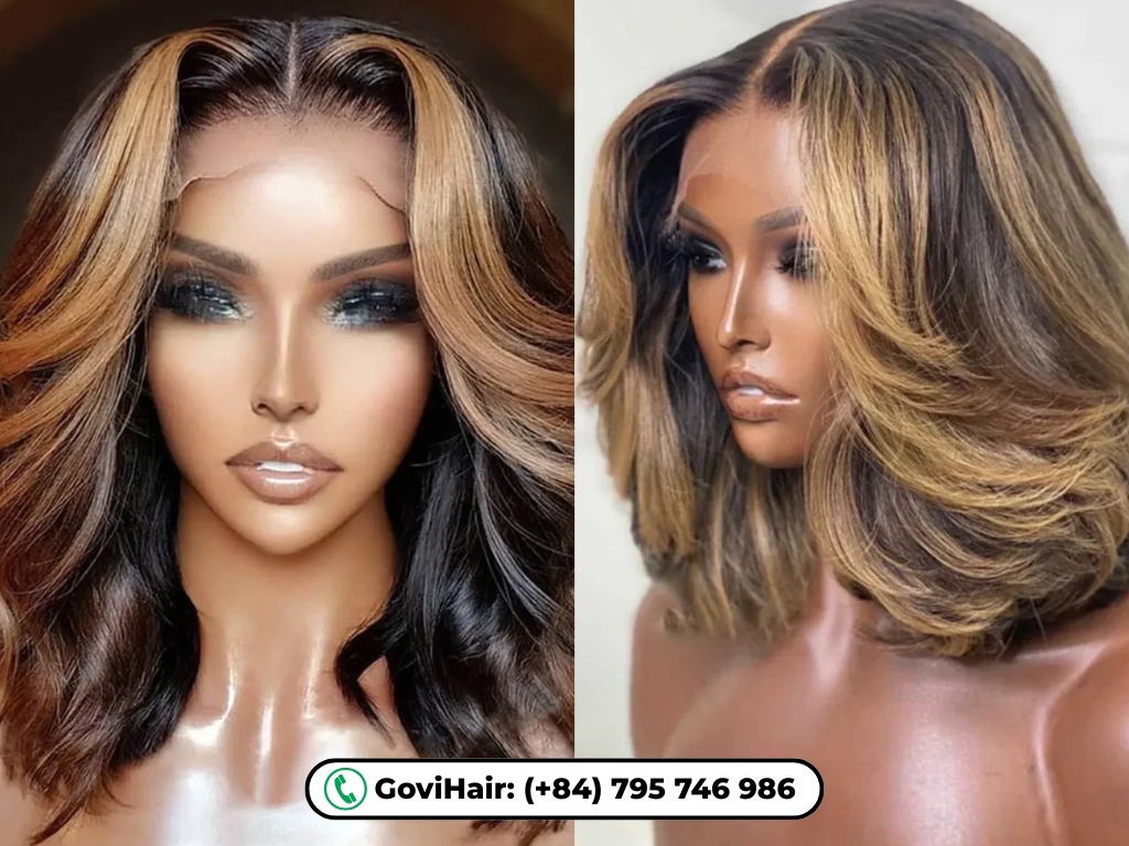 14 Inches Human Hair Bob Wigs Highlight Dark Brown 6 Turn heads with our Body Wave Human Hair Bob Wig in Honey Blonde