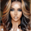 14 Inches Human Hair Bob Wigs Hightlight Dark Brown 4 Blonde Highlight Bob Wig 14 inch 13x6 HD 180% Dark Brown