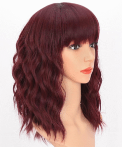 Curly Bob Wig with Bangs Short Wavy Wine Red Color Wigs for Women