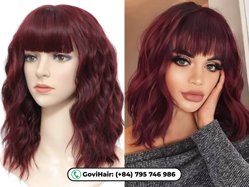 A Wavy Human Hair Bob Wig in Wine Red Color is a short, Wavy wig