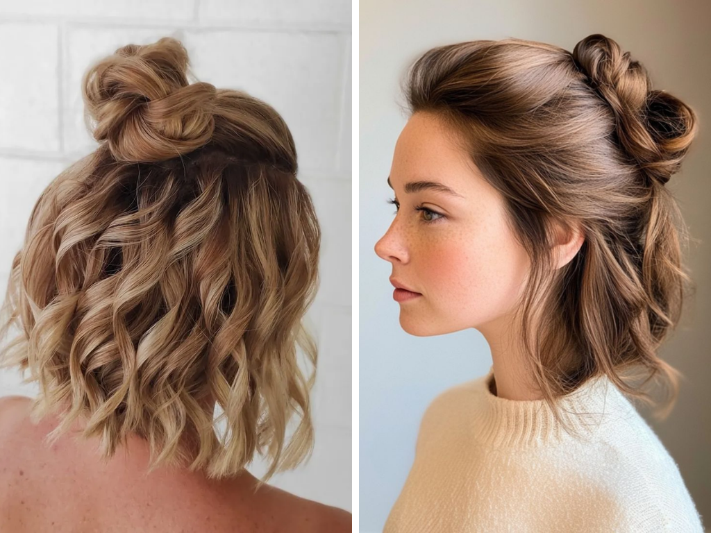 How To Style Short Wavy Hair At Home: Expert Tips for Natural Looks 3 How To Style Short Wavy Hair - Half-Up Half-Down with Mini Bun