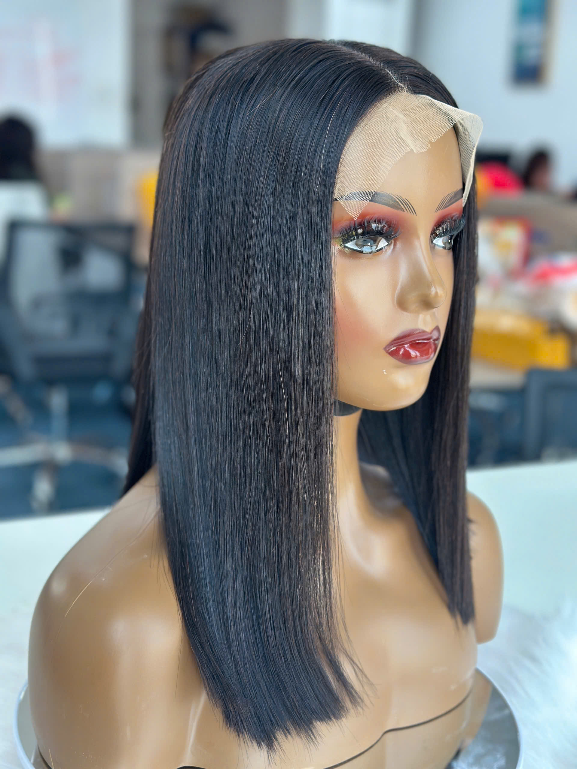 Straight Human Hair Bob Wig 5x5 Lace Closure 16 Inch 250% Density Natural Black 3 human hair bob wig bone straight 5x5 hd lace natural black color