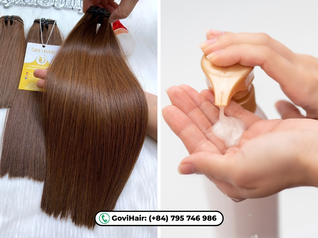 How to Wash Hair Extensions at Home for Long-Lasting Results 5 Weave hair extensions and shampoo being pumped from a bottle