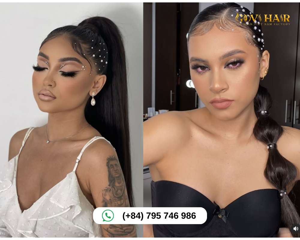 Elegant ponytail adorned with pearl or gem barrettes for a glam finish