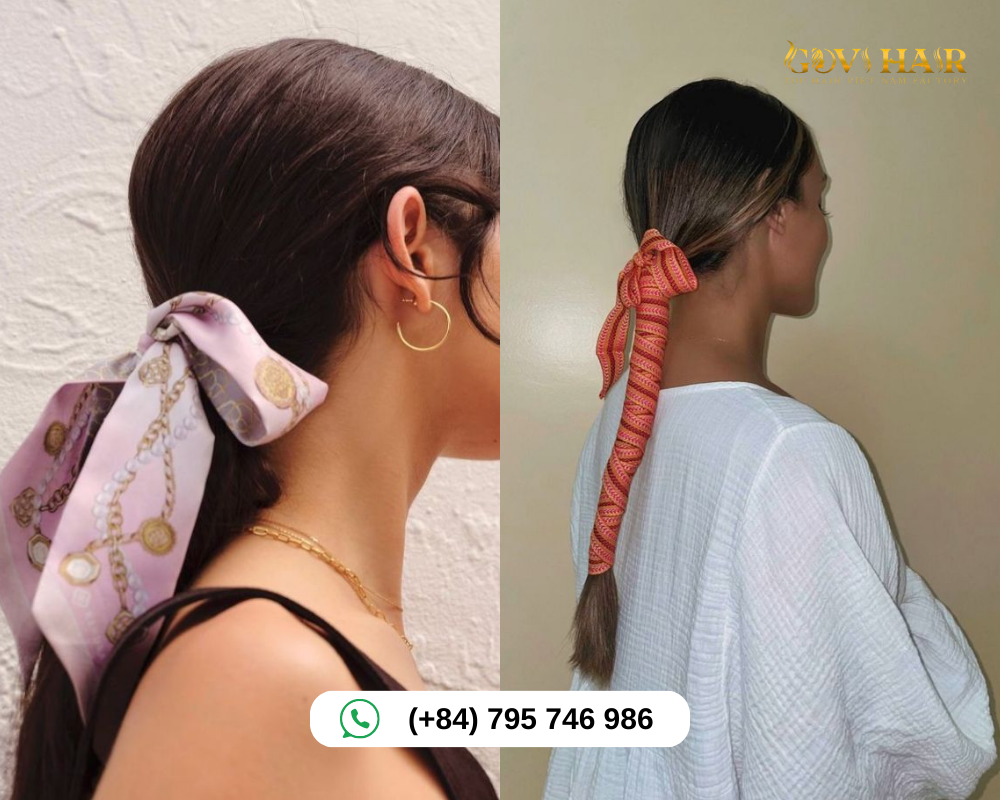 Ponytail styled with a scarf or ribbon for a soft, feminine touch