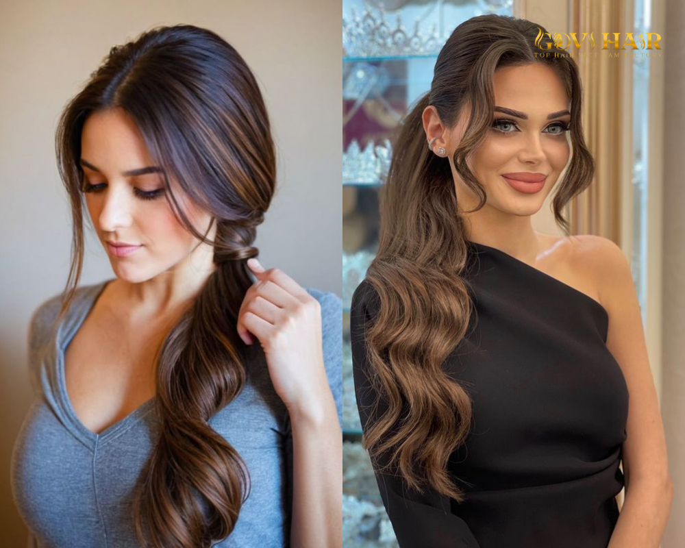 Romantic side ponytail with soft, flowing waves