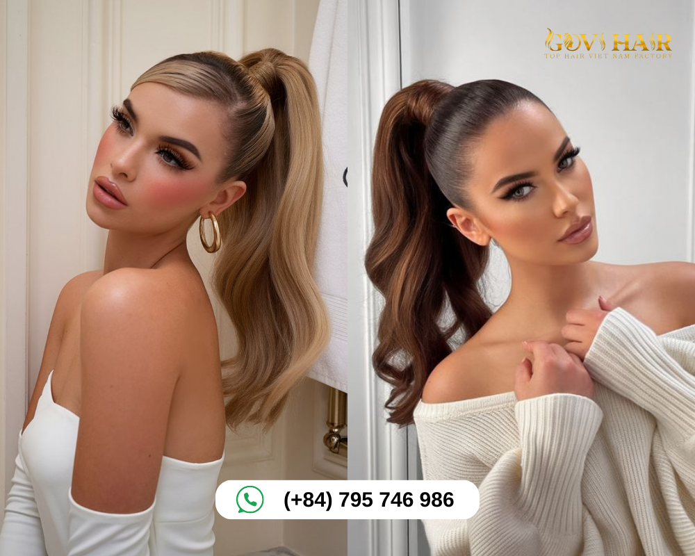 Two women with high ponytails: blonde waves and brunette curls