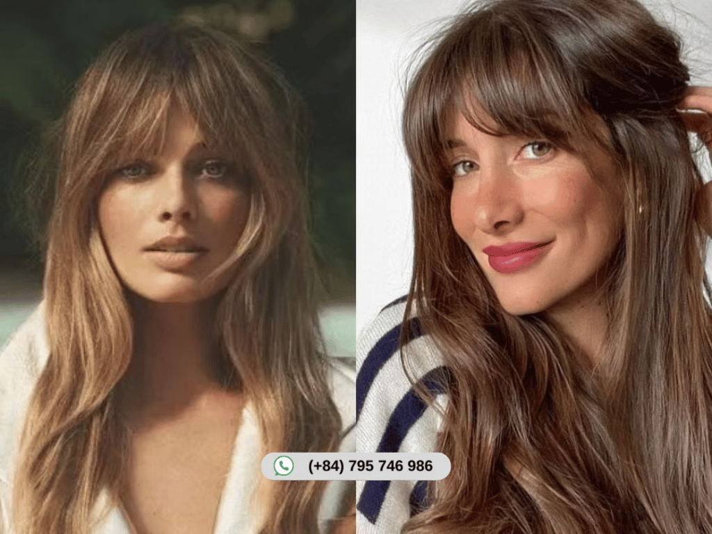 Bardot bangs paired with voluminous waves