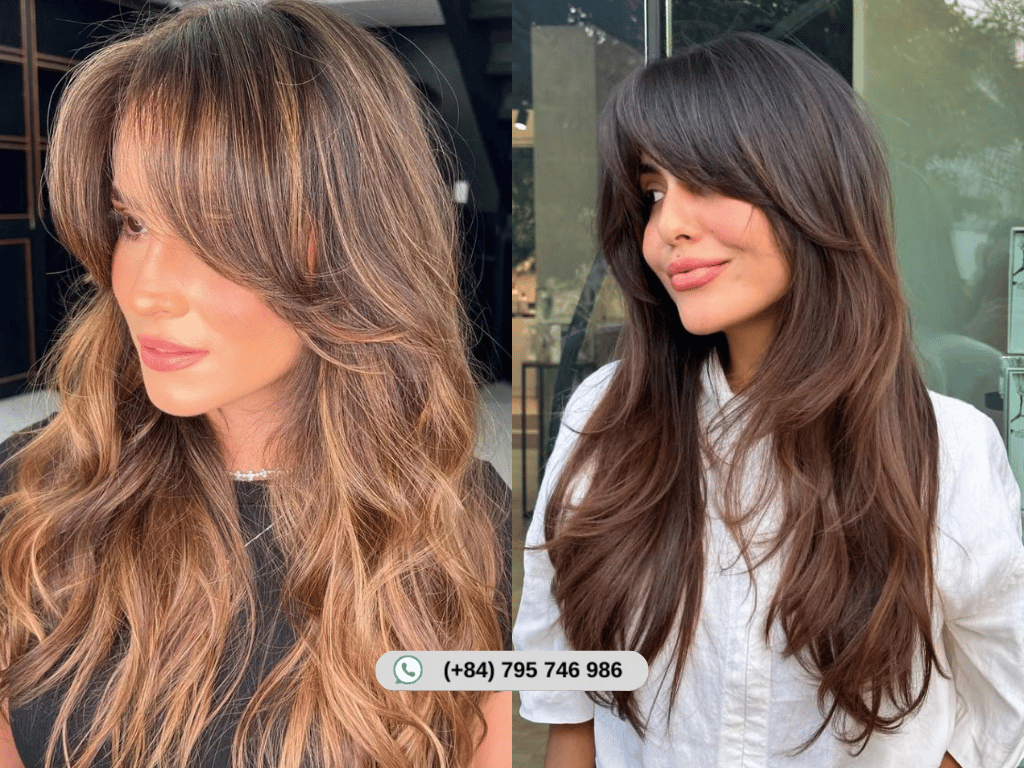 Long layered bangs blending smoothly with thick hair