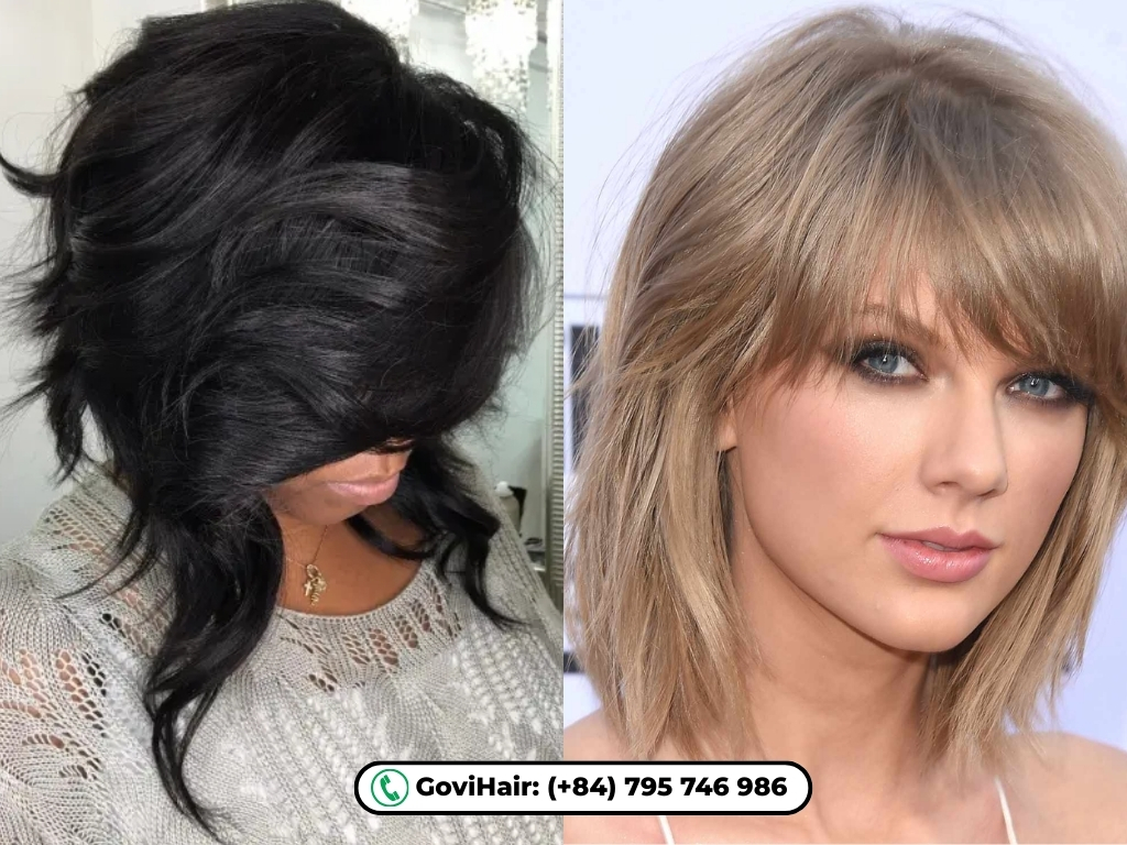 Retro 90s flair with swooping, face-opening bangs.