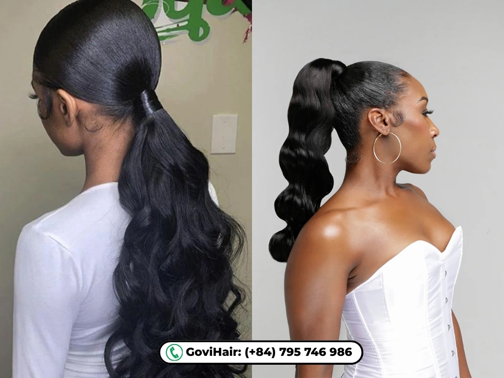 An instant facelift effect with a sleek, cascading high ponytail.