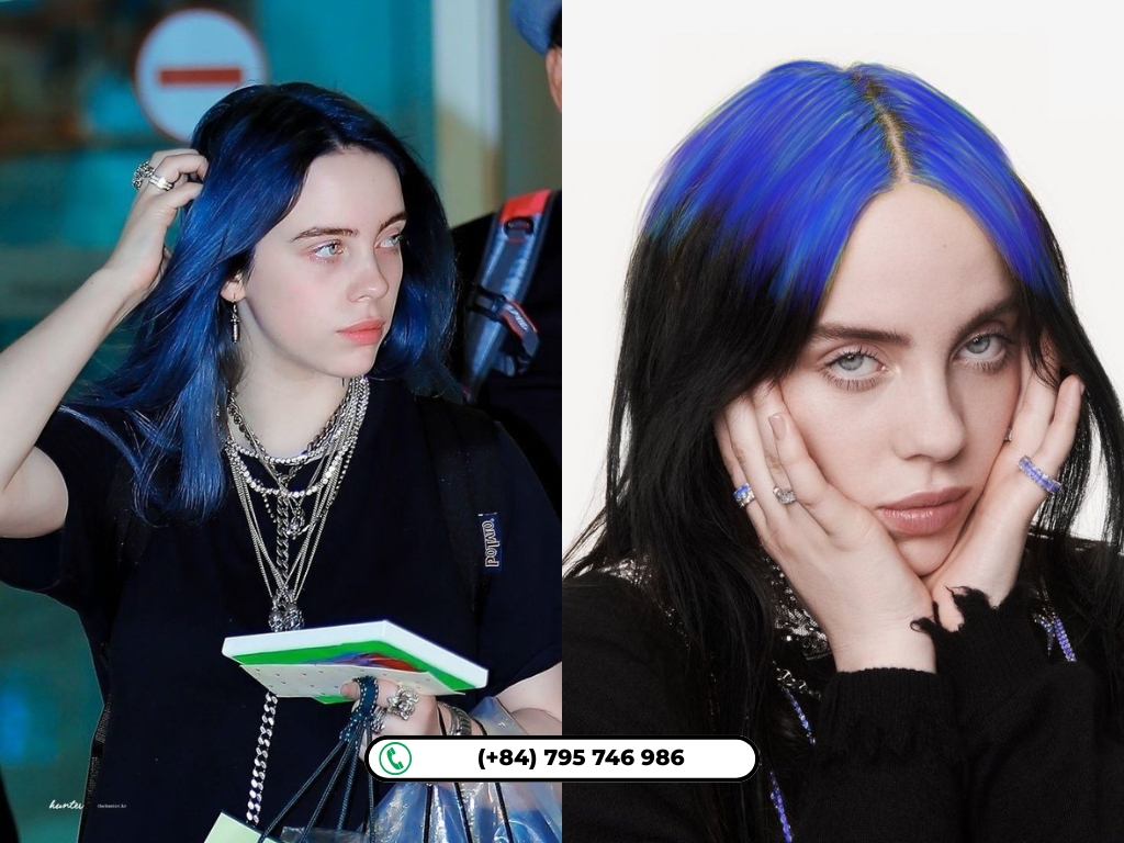Billie Eilish hairstyles: Black Hair With Blue Streaks