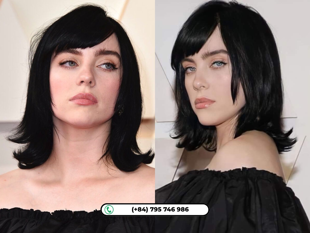 Billie Eilish hairstyles: Black Hair With Side-Swept Bangs