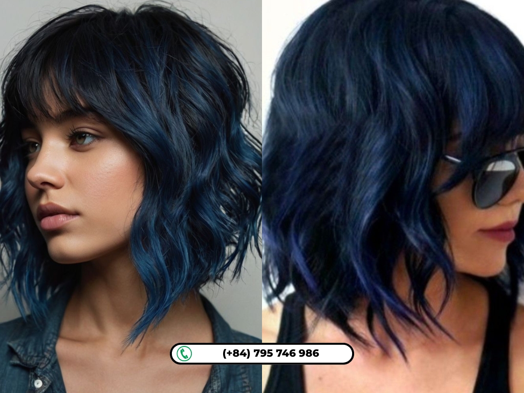 A chic short bob elevated with a cool blue-black hue.