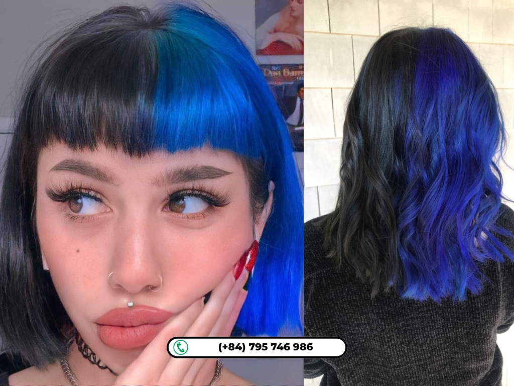 This half black, half blue shag hairstyle delivers bold contrast and movement.
