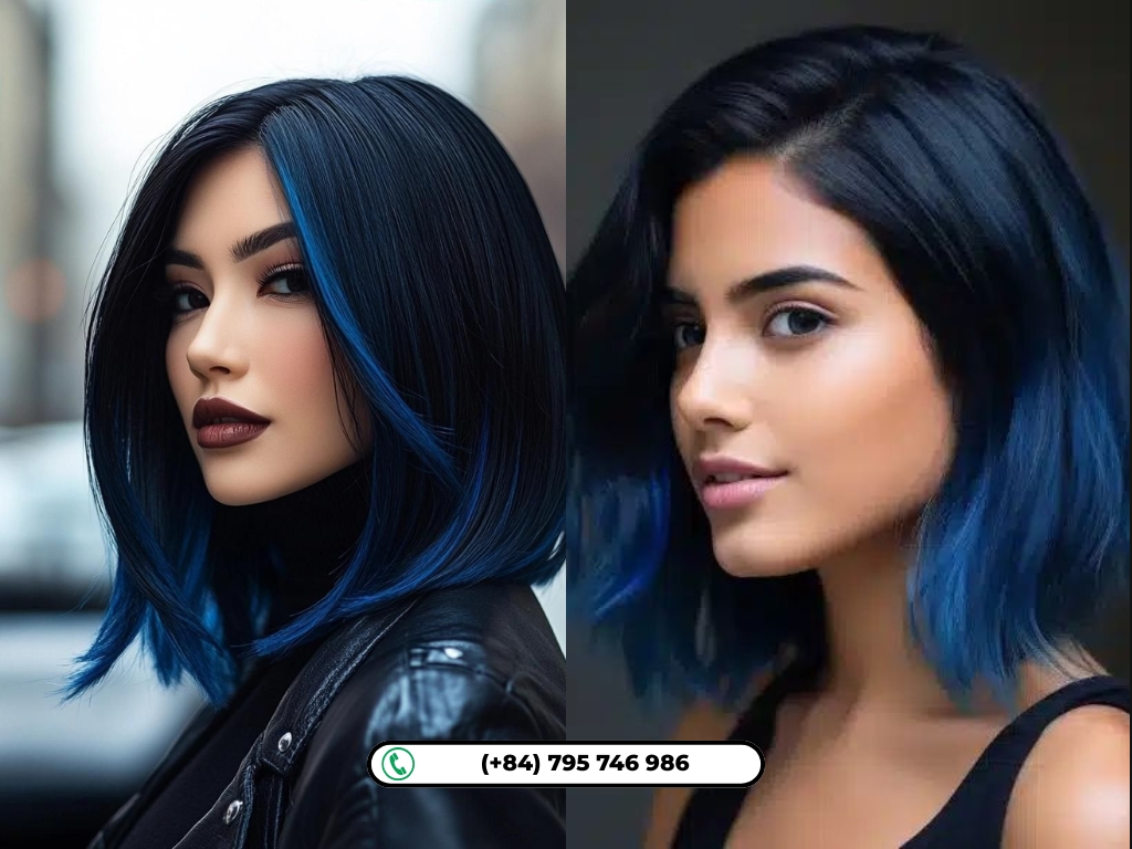 A modern bob paired with blue highlights for a fresh, trendy finish.