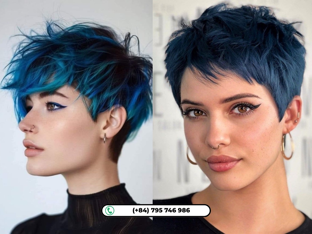 A short blue-black haircut that makes a confident, fashion-forward statement.