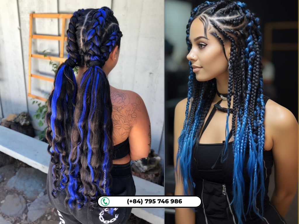 Blue-black tones add depth and dimension to braided hairstyles.