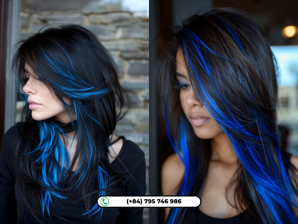 Cobalt blue-black balayage brings bold color flow to shoulder-length hair.