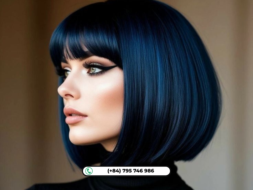 A sleek bob finished with steel blue-black tones for a polished edge.