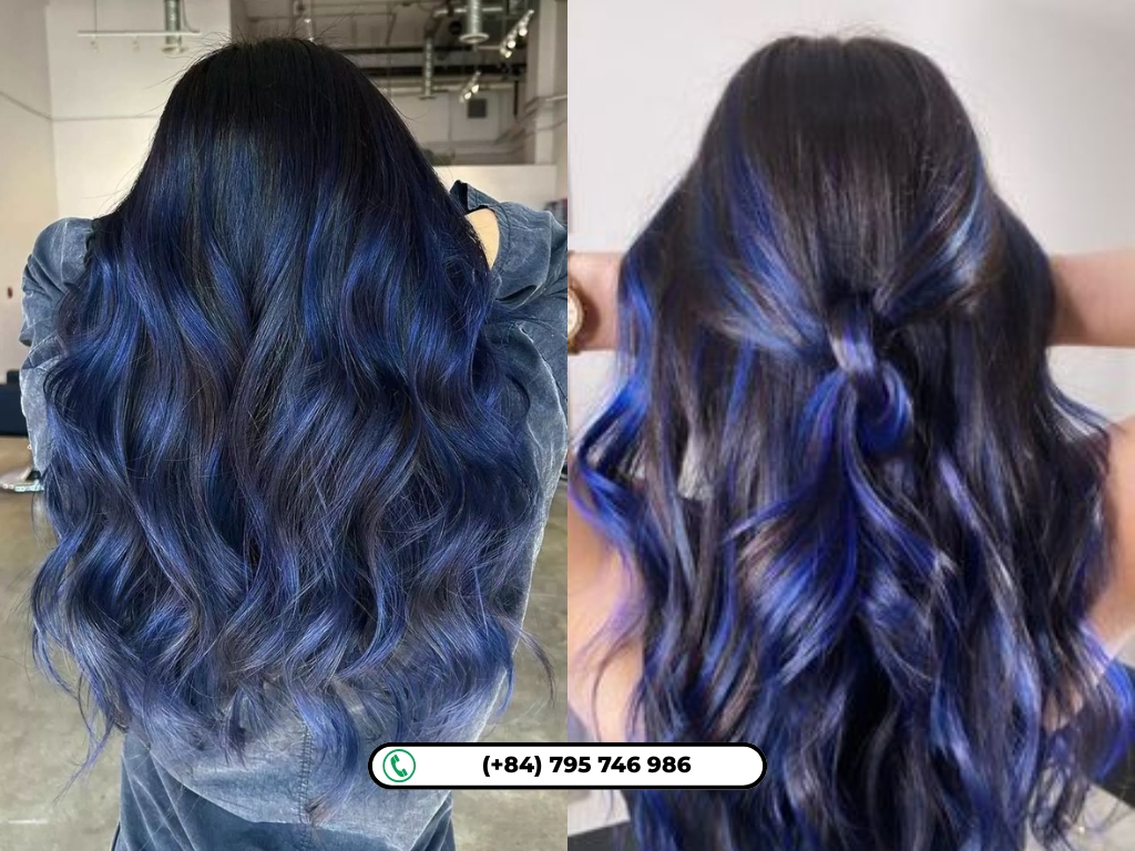Bold blue streaks create eye-catching contrast on deep black hair.