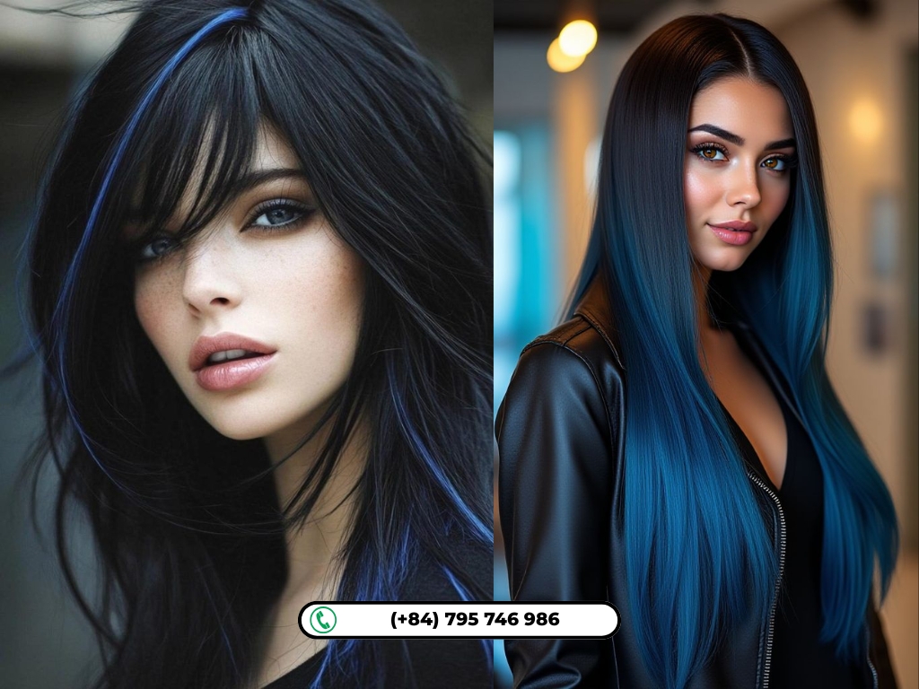 A subtle blue sheen gives long straight black hair a luxurious glow.