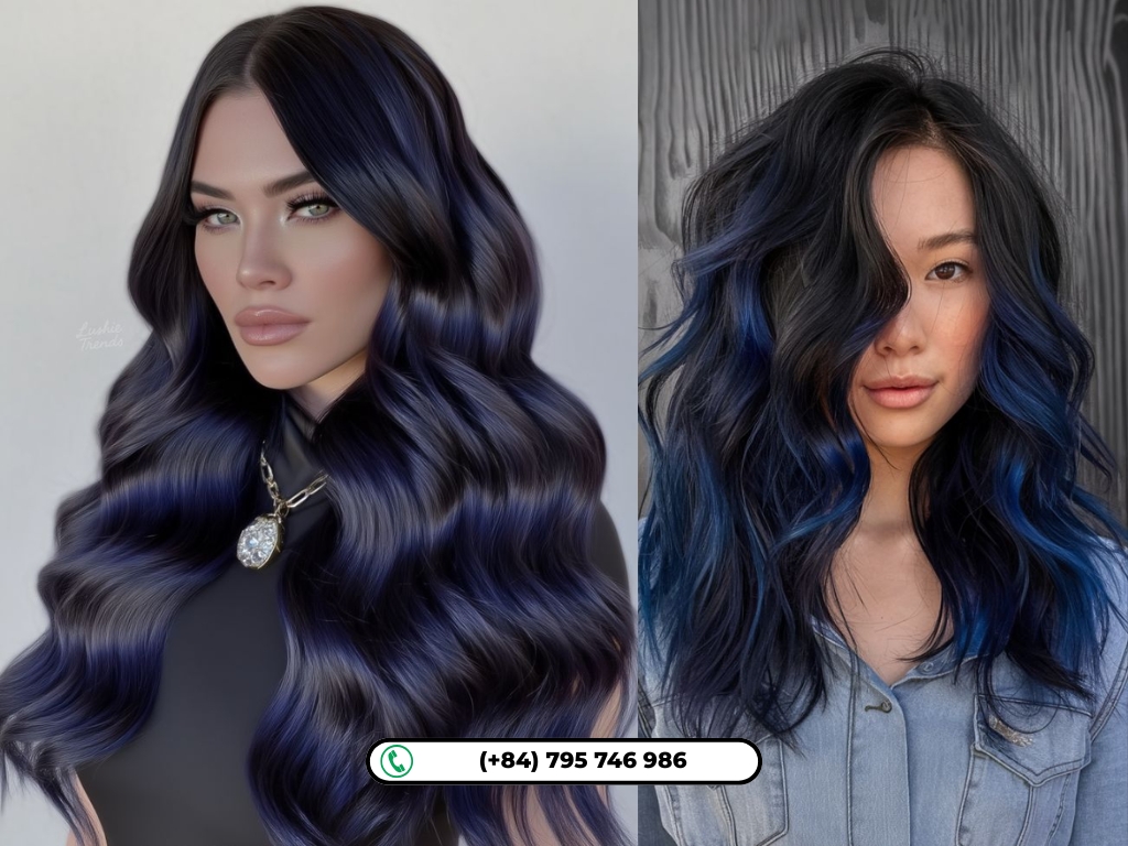 Voluminous curls look richer with a seamless blue-black color blend.